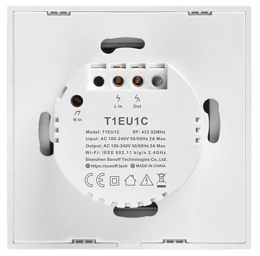 Smartsystem - Întrerupător WiFi + RF Sonoff TX T1 EU 2C – încastrabil, alb, 2 circuite