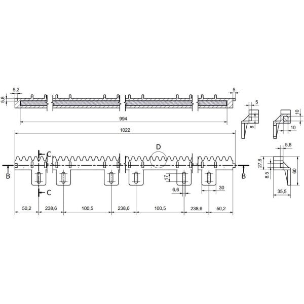 Cremaliera cu insertie metalica BFT – lungime 1 m