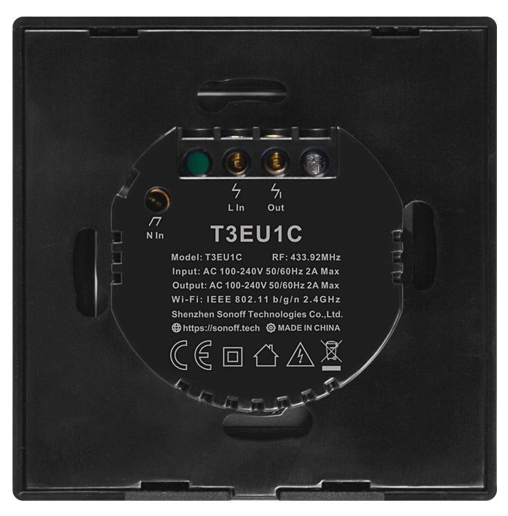Smartsystem - Întrerupător WiFi + RF Sonoff TX T3 EU 1C – încastrabil, negru, 1 circuit