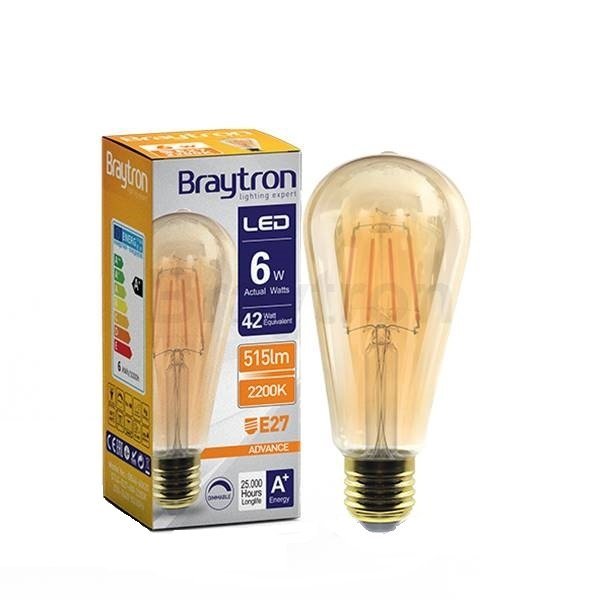 Bec decorativ, cu filament, led, 6W, dimabil, 510lm, st64, 2200k, lumina calda, E27, BR-BB46-60620, Braytron