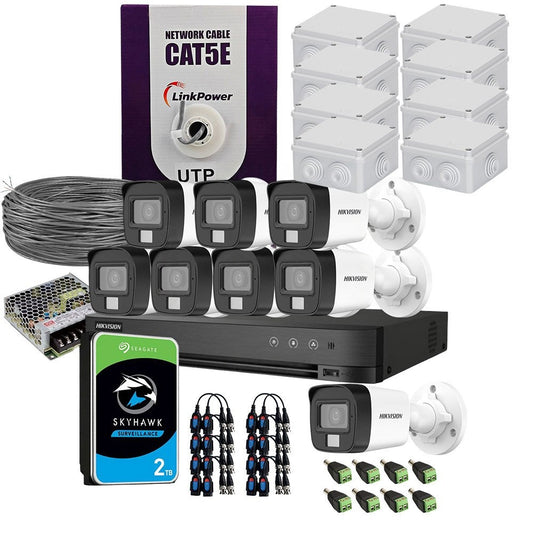 Sistem supraveghere exterior complet HikVision, 8 camere, 5 MP, IR 25 m, lumina alba 20 m, 2.8 mm, microfon, HDD 2TB