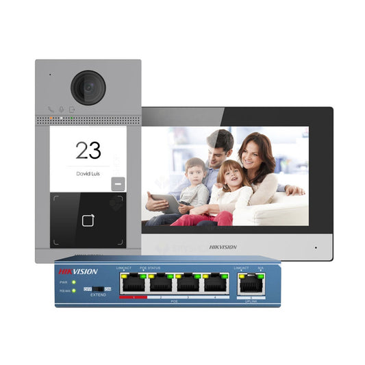 Kit videointerfon WiFi Hikvision DS-KIS604-S(C), 2 MP, 7 inch, Mifare, 2.4 GHz, 1 familie, aparent