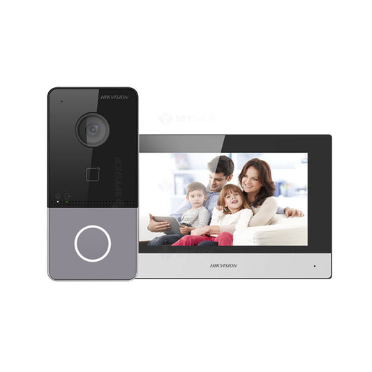 Kit videointerfon IP WiFi Hikvision DS-KIS603-P, 2 MP, 7 inch, Mifare, 2.4 GHz, 1 familie