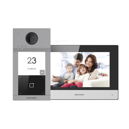 Kit videointerfon WiFi Hikvision DS-KIS604-S(C), 2 MP, 7 inch, Mifare, 2.4 GHz, 1 familie, aparent
