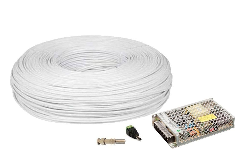 Kit Accesorii Supraveghere Video pentru 8 Camere – Cablu Coaxial 200 m, Mufe si 2 Surse 12A