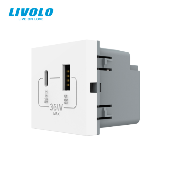 Modul priza USB + USB Tip C Livolo VL-FCUA18W.UC18W-2WP