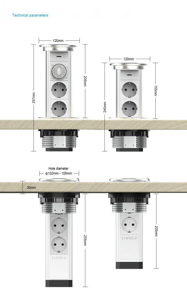 Priza incastrabila Pop Up Silver cu USB, Wireless si Difuzor Bluetooth
